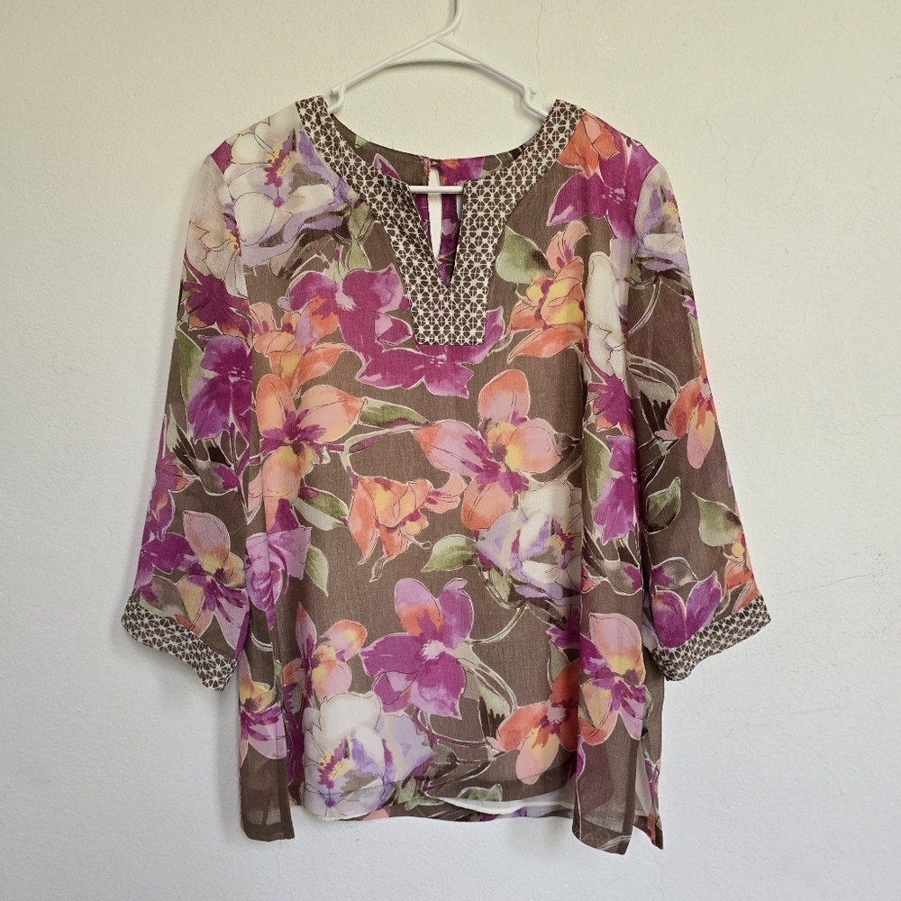 Alfred Dunner Pink Floral V-Neck Top Size 14 3/4 Sleeve